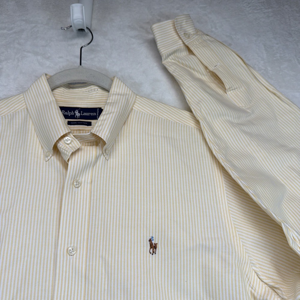 Ralph Lauren Mens Dress Shirt 16.5 Yellow White Stripe Button Down Long Sleeve